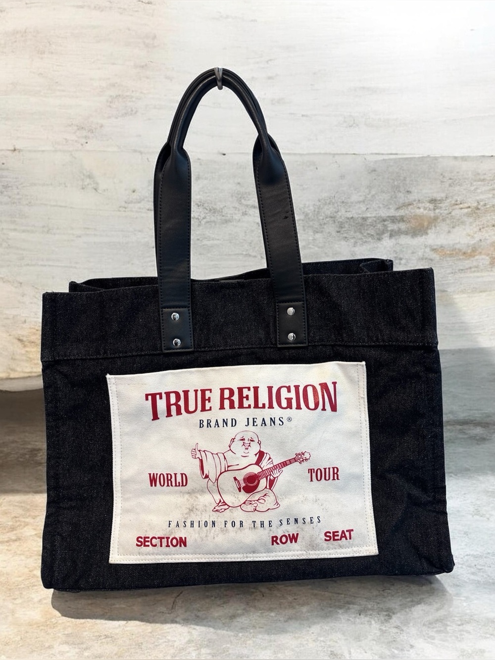 True Religion Black Canvas Tote Bag with White Logo Pocket